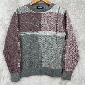 Jantzen Vintage Wool Blend Gray Burgandy Plaid Crew Neck Sweater USA Made